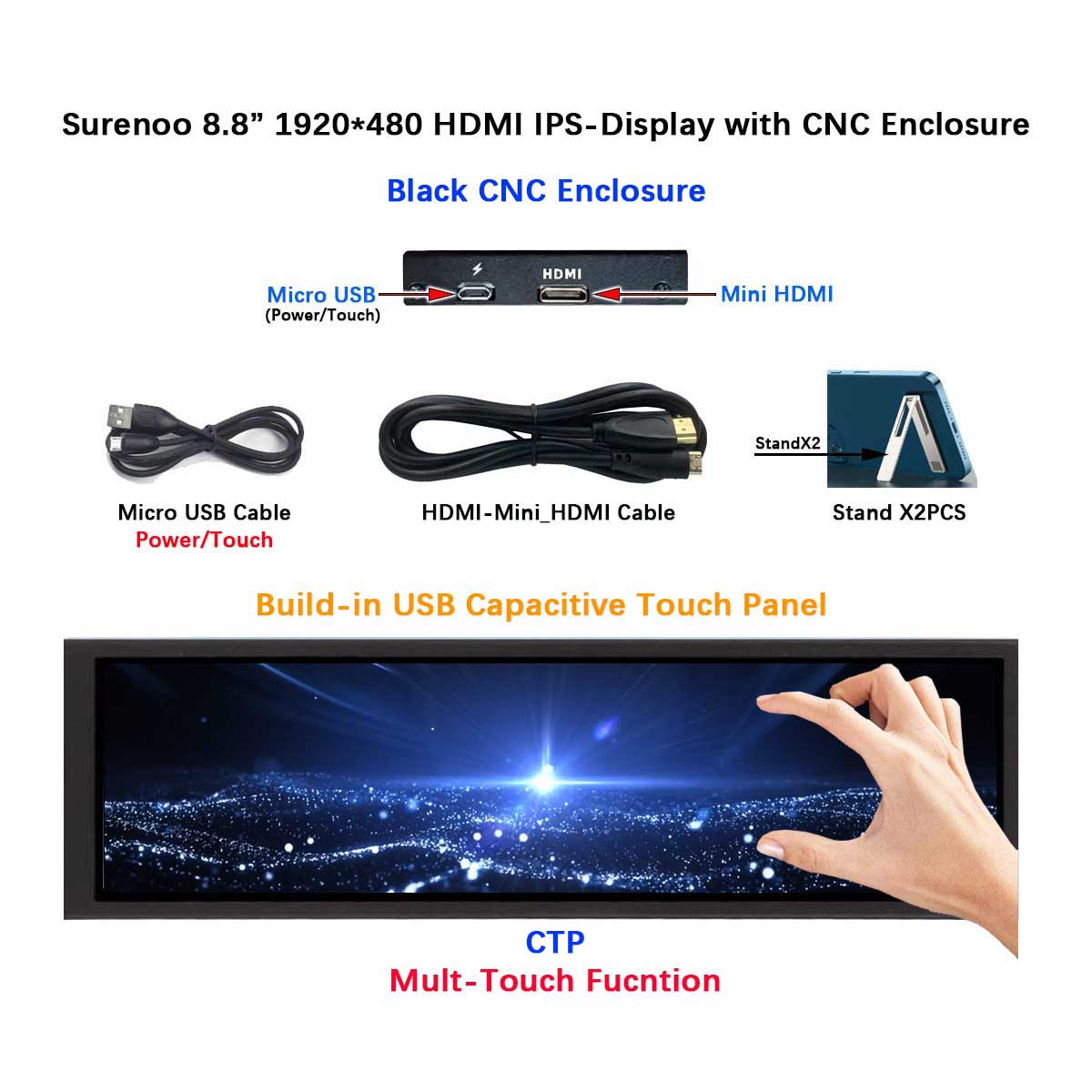 8.8" 1920*480 4:1 Mini HDMI-Compatible MIPI Strip IPS LCD Module Monitor Display Screen CTP Touch Panel for AIDA64 RaspBerry Pi