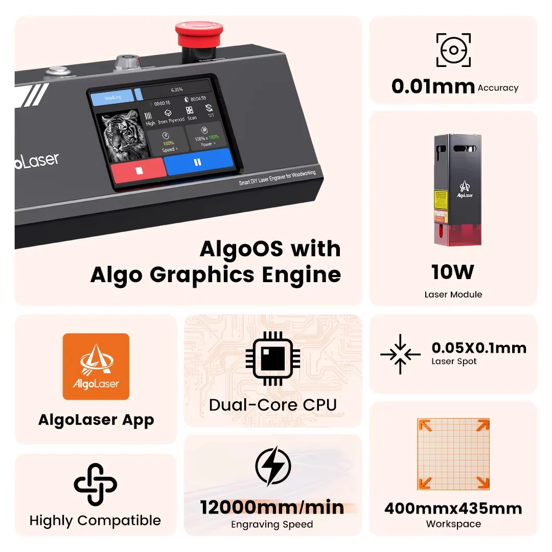 Algolaser bricolage Table 40*43 cm CNC Laser Cutter graveur 3.5 "écran tactile téléphone et WiFi métal bois CNC Laser découpe gravure Machine