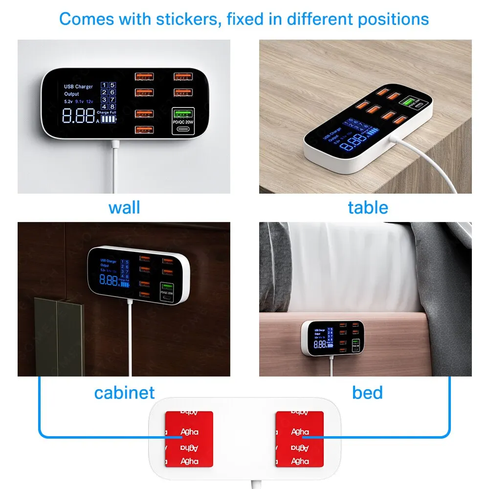 Stazione di ricarica USB Desktop ASOMETECH a 8 porte con Display a LED QC3.0 PD3.0 ricarica USB rapida per iPhone 14 13 Pro Xiaomi
