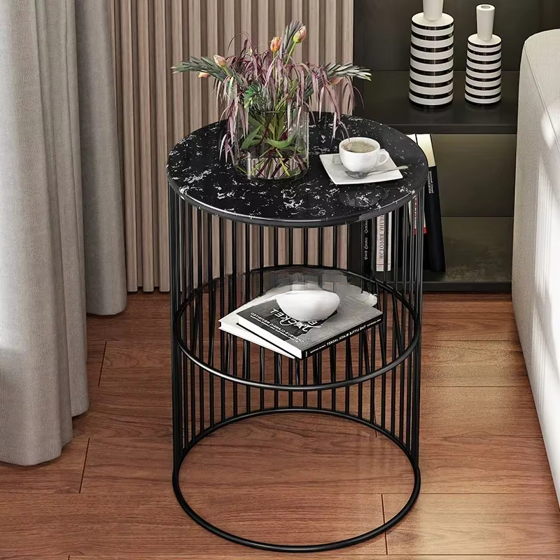 Nordic Wrought Iron Side Table Small Coffee Shelf Living Room Marble Desk Mini Round Modern Accent Table Compact Beverage Stand