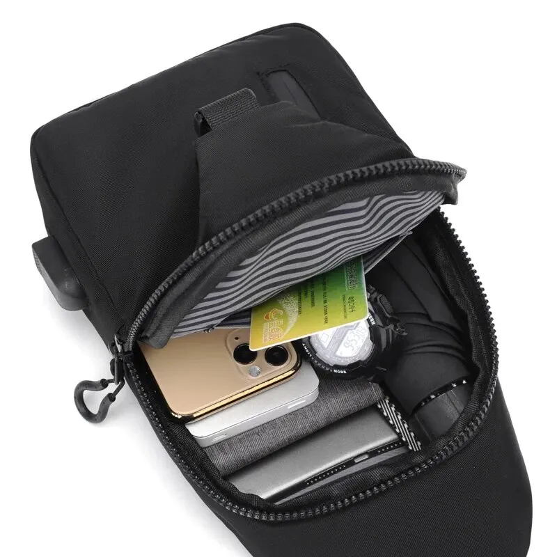 Bolsa mensageiro masculina legal casual Oxford à prova d'água e vestível bolsa de ombro recarregável por USB bolsa de peito