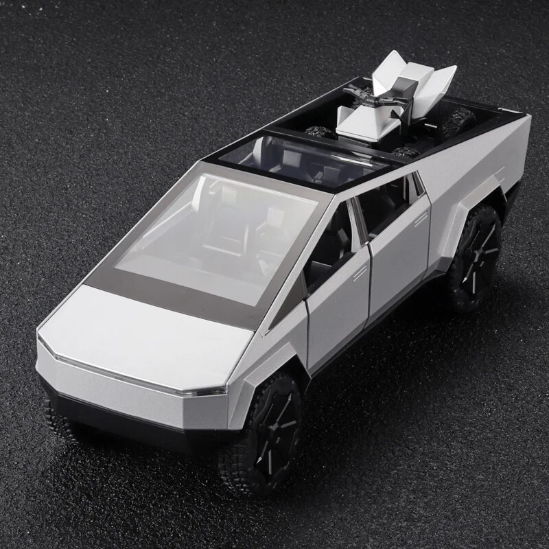 1:24 modelo Cybertruck prata captador carros de brinquedo de metal fundido com som e luz para crianças de 3 anos
