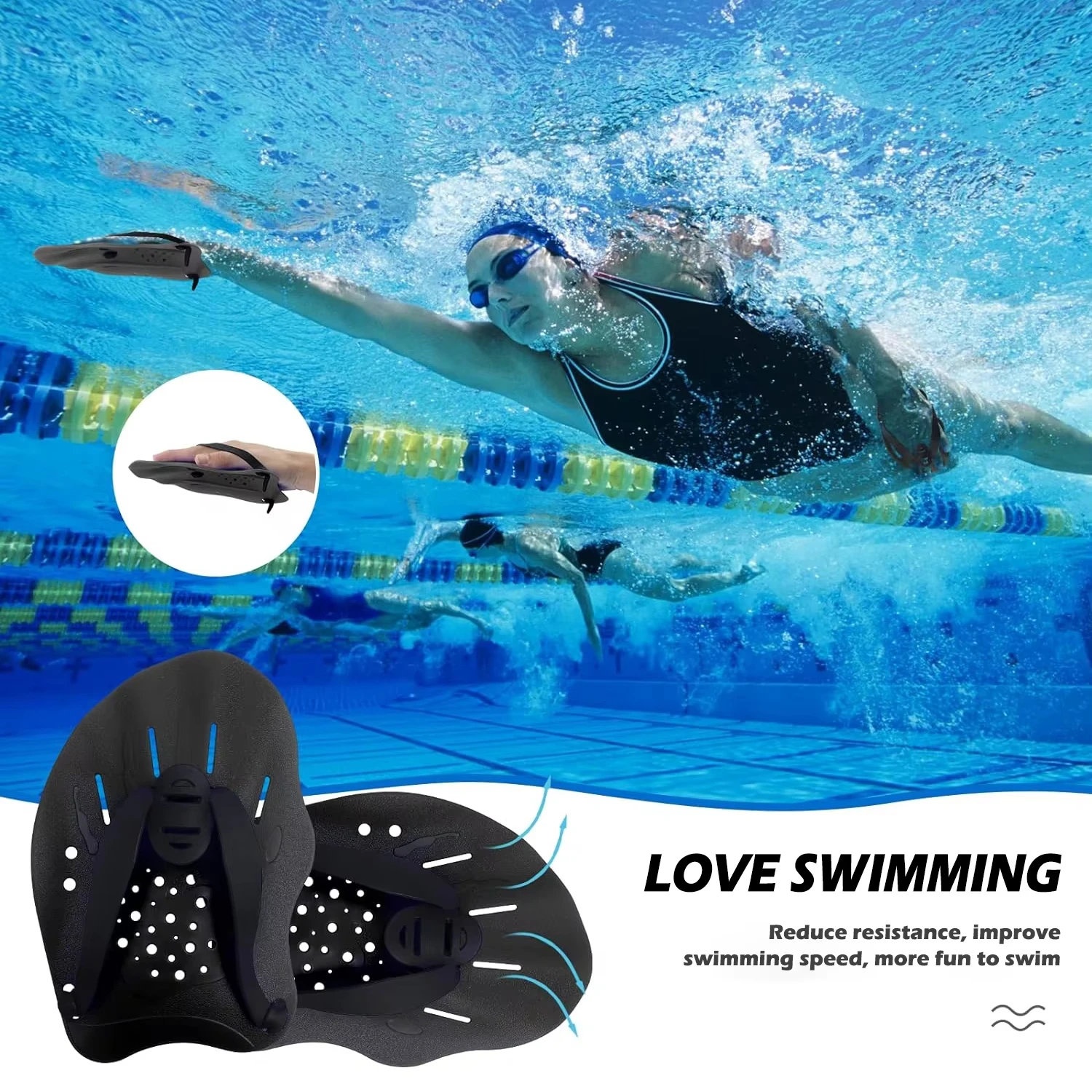 1 par de aletas de manos para entrenamiento de natación, con correas de silicona ajustables