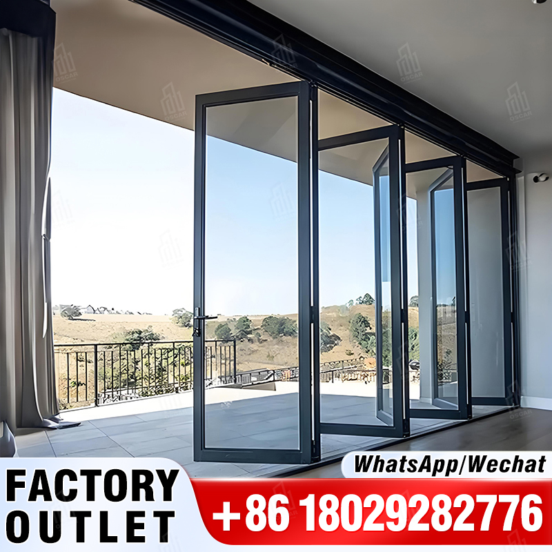 Sistema de porta deslizante dobrável com portas bifold de vidro temperado de alumínio