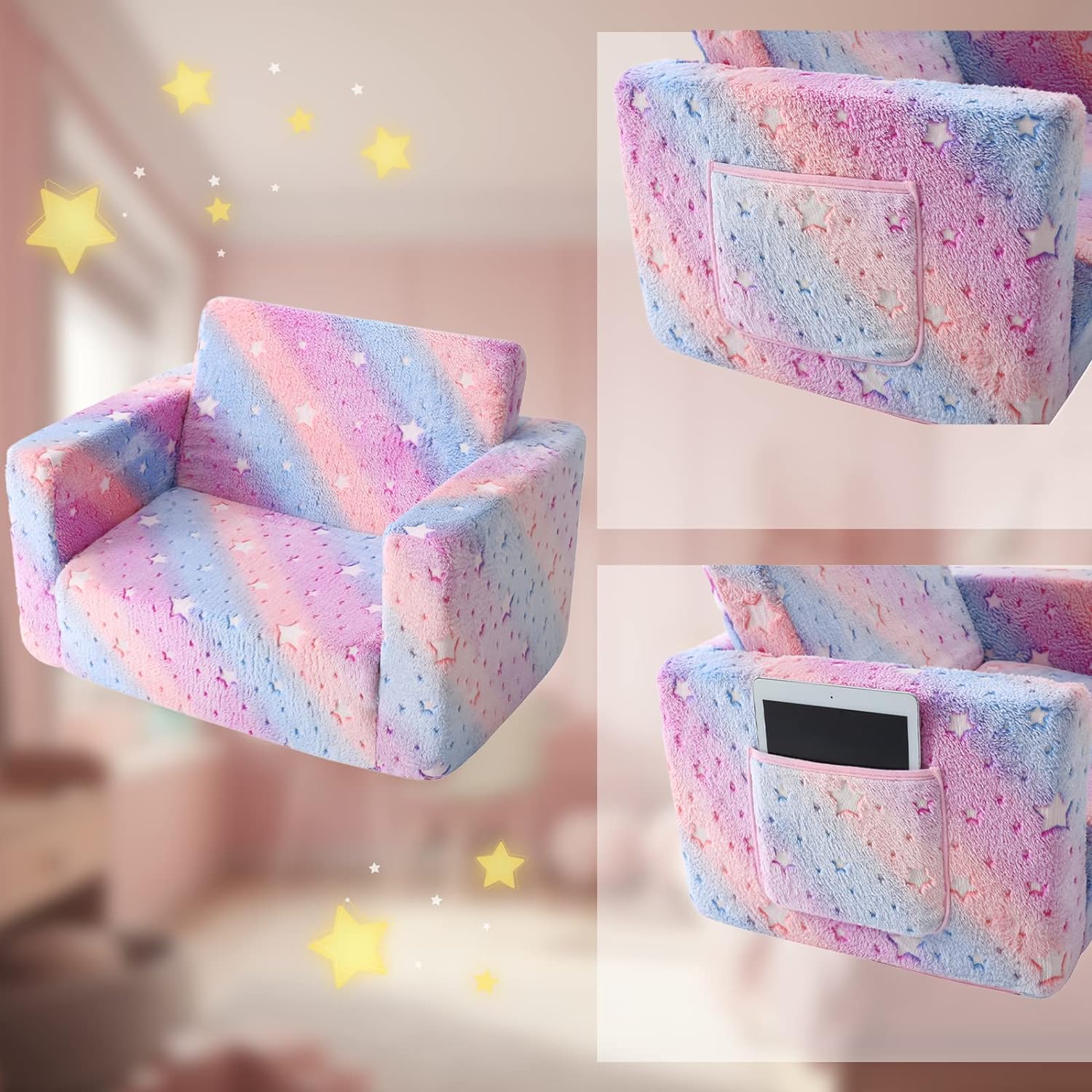 Sofá infantil dobrável, cadeira de sofá infantil que brilha no escuro, sofá-cama dobrável reclinável infantil conversível 2 em 1