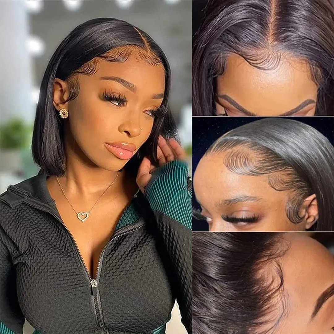 Peluca de cabello humano liso y corto de 14 pulgadas, postizo de encaje Frontal 150% transparente, corte Bob, 13x4, predesplumada