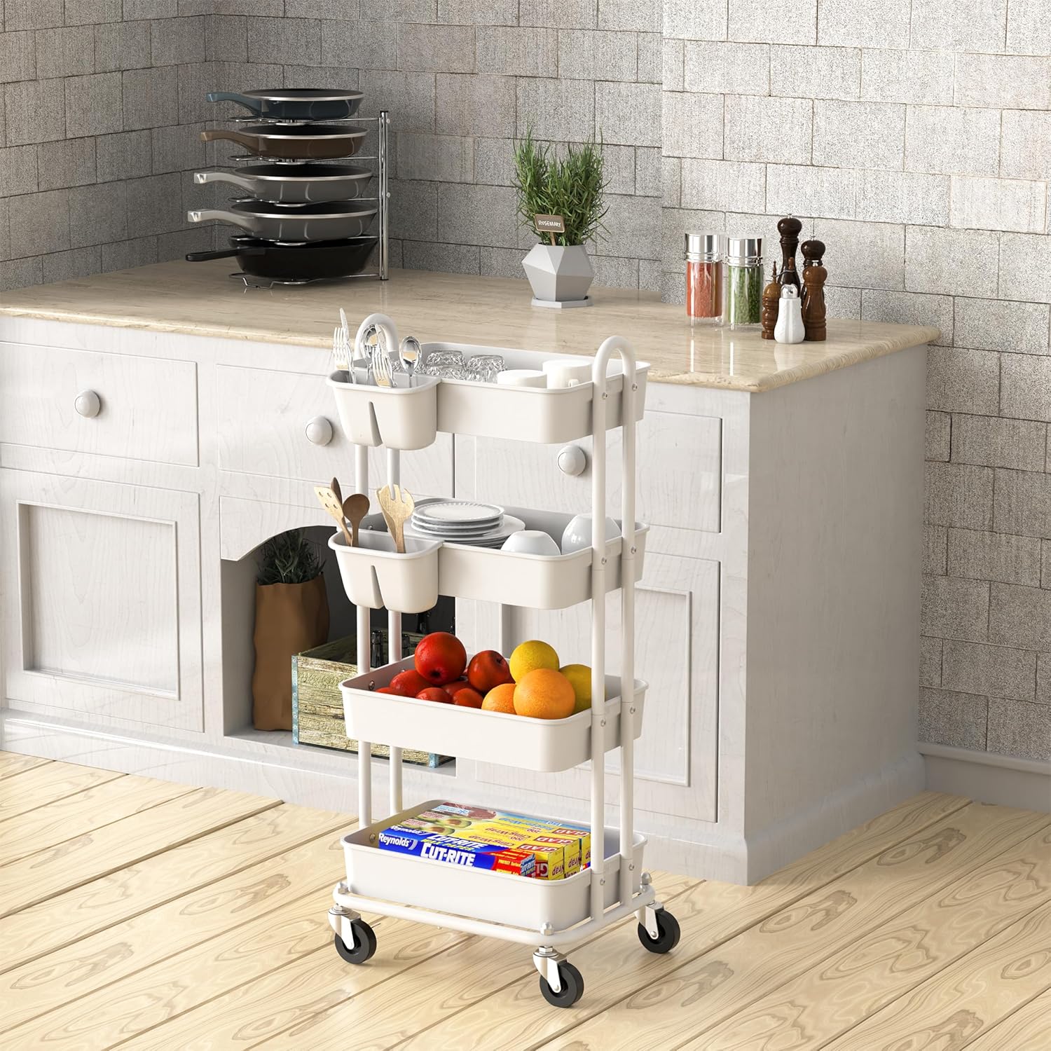 4-Tier Rolling Utility Cart with Hanging Buckets, White