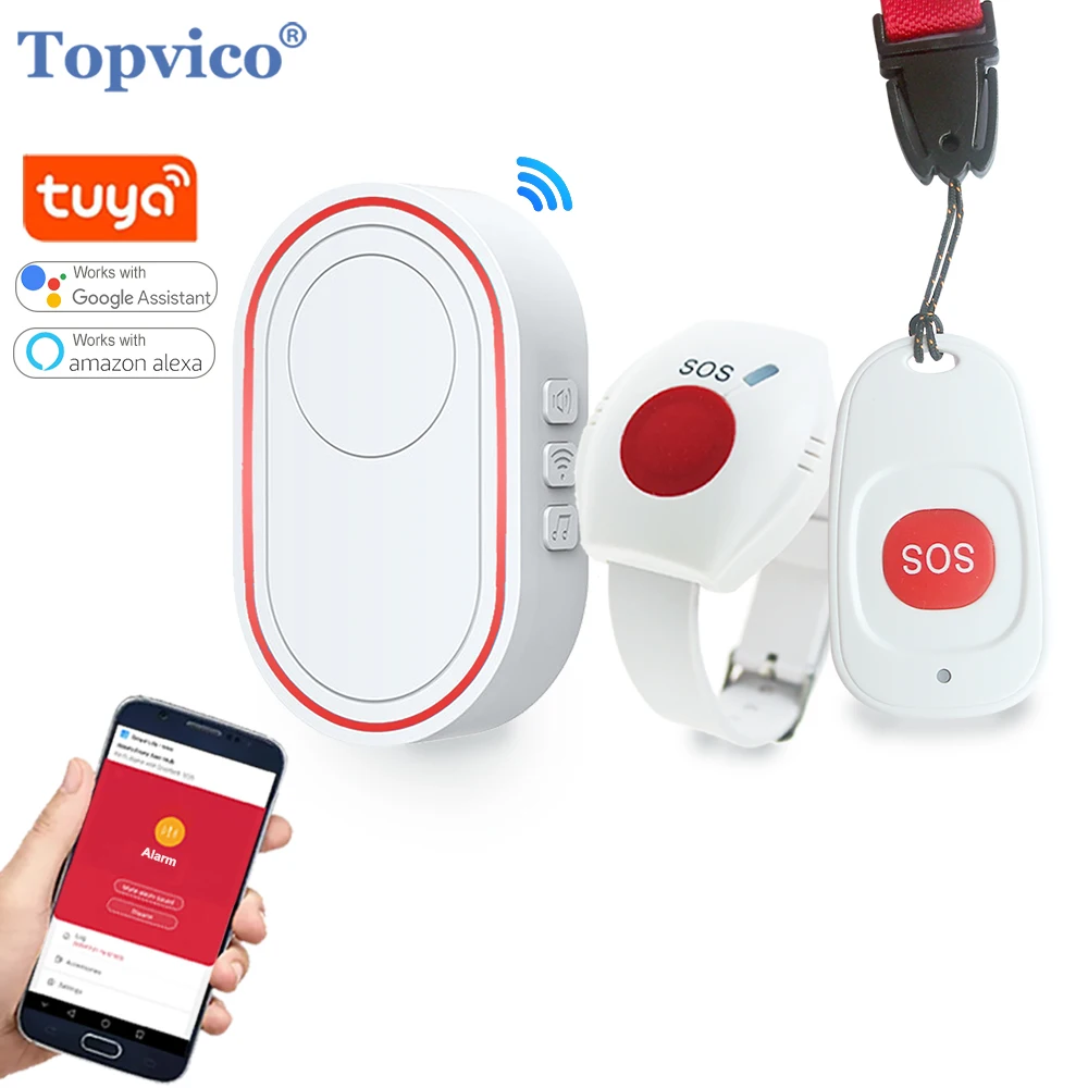Topvico Tuya Khẩn Cấp Hoảng Loạn Nút WIFI Dành Cho Người Cao Tuổi Báo Động RF 433Mhz SOS Vòng Tay Không Dây Đồng Hồ Gọi Người Già Android ứng Dụng IOS
