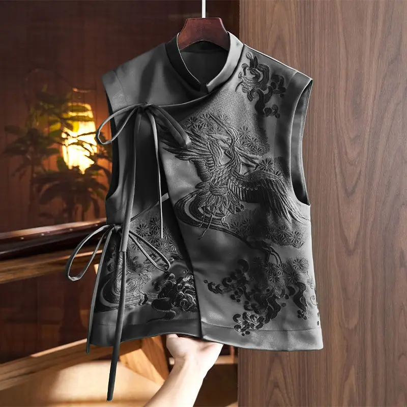 วินเทจสไตล์จีนOuterwearเสื้อกั๊กสีขาวCrane/ดอกไม้ปักLacingเสื้อฤดูใบไม้ผลิและฤดูร้อนผู้หญิงเสื้อผ้า