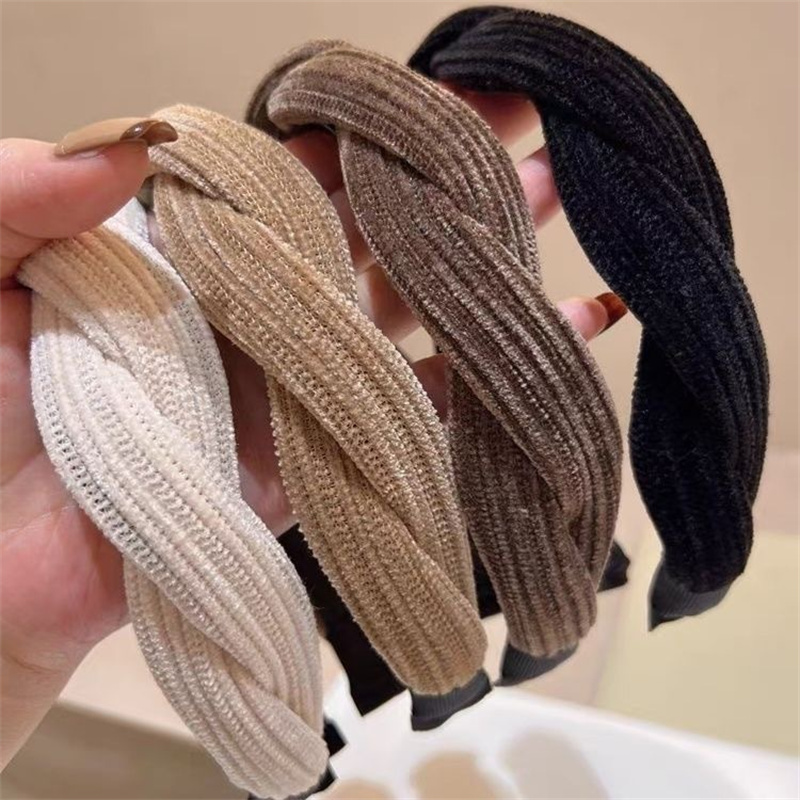 Novo simples borda lateral larga tecido faixa de cabelo moda feminina coreano retro trançado bandana nó sólido argola meninas acessórios para o cabelo