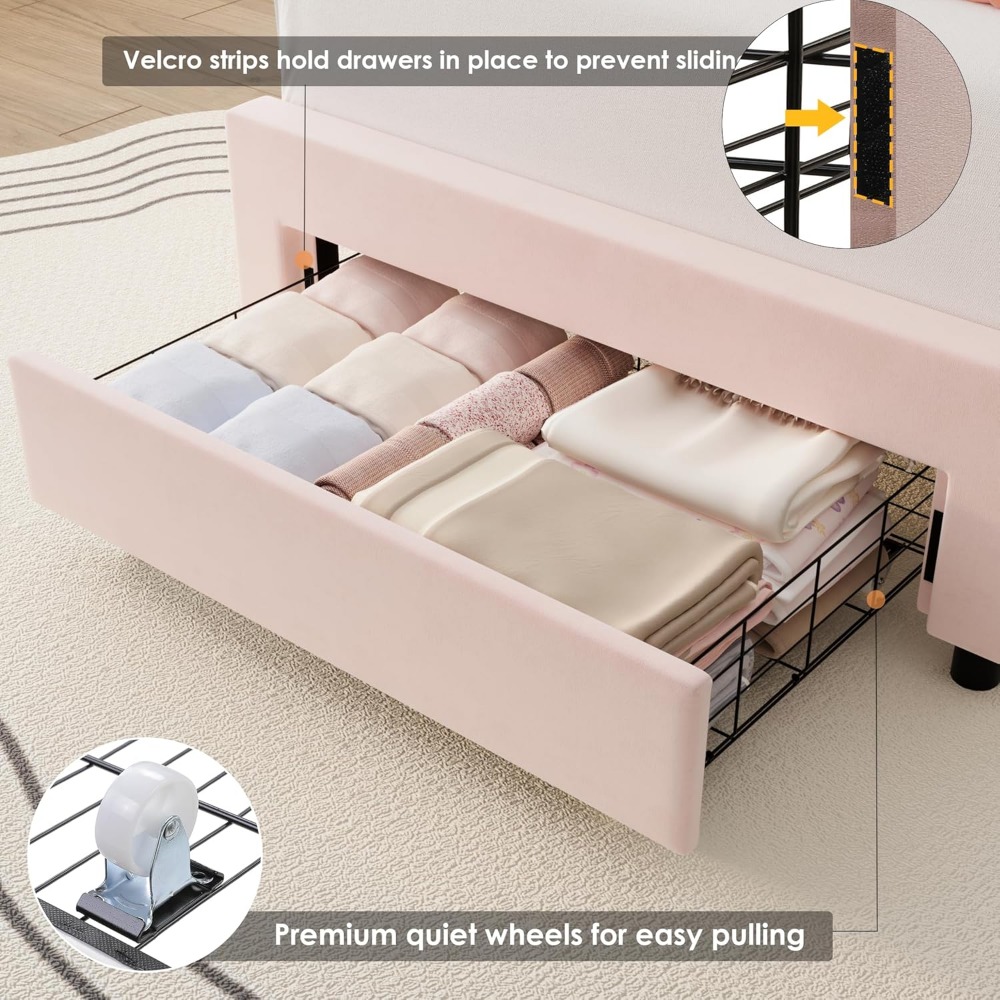 HIFIT Twin Upholstered Smart LED Bed Frame with Storage Drawer and Adjustable Chic Double Petal Headboard, Princess Platform Bed