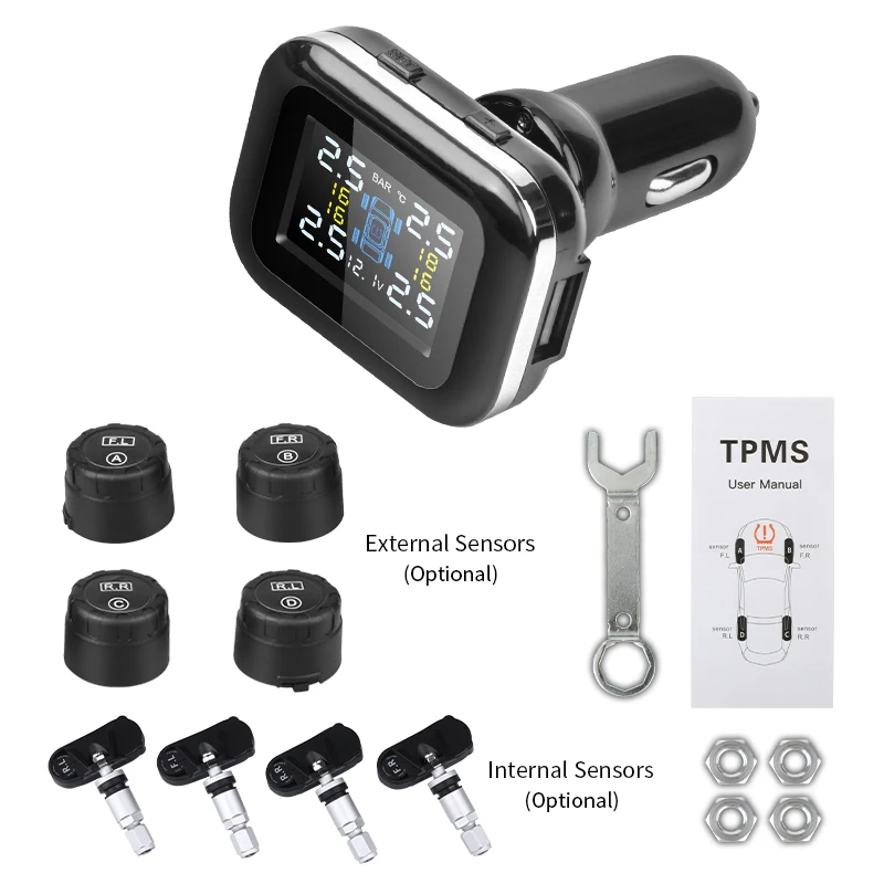 Encendedor de cigarrillos TPMS para coche, inalámbrico, Universal, TPMS, USB, Digital, tpms, sistema de alarma de presión de neumáticos, 4 sensores internos externos