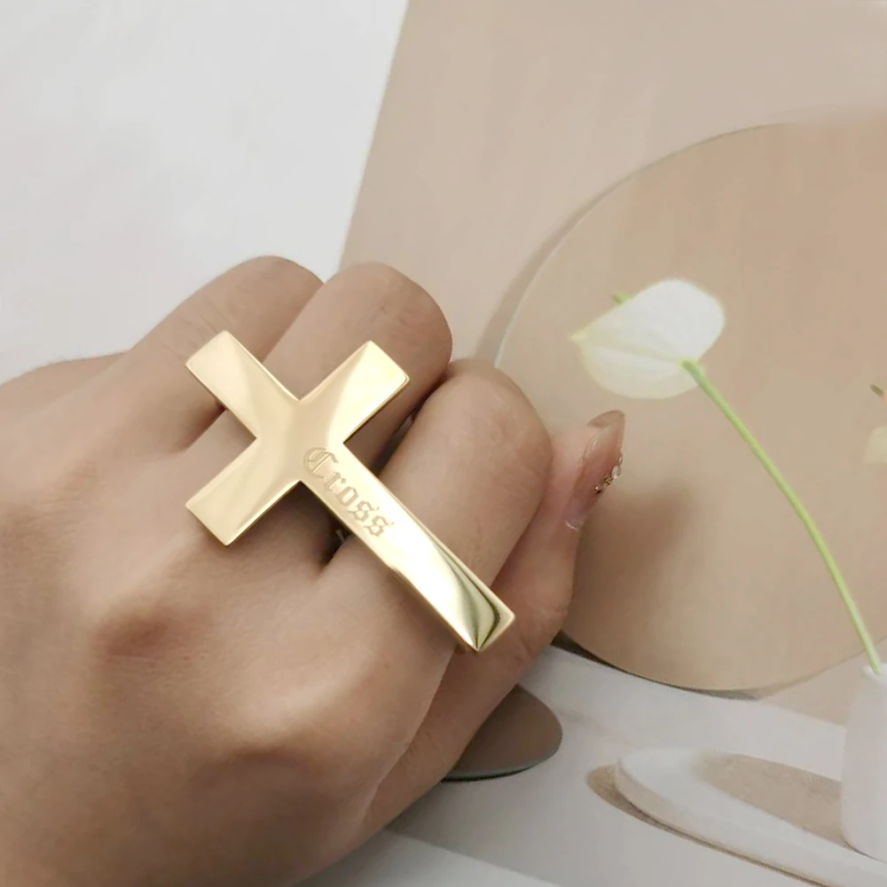 Anel de cruz personalizado com dois dedos, nome gravado, prata, aço inoxidável, joias masculinas, presente personalizado para namorado