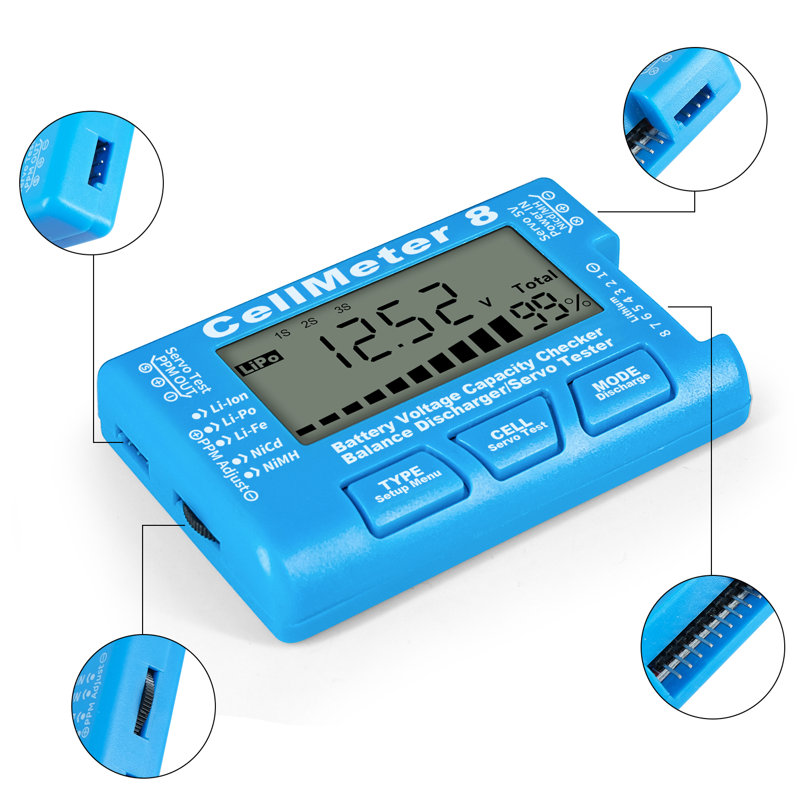 LCD แบตเตอรี่ดิจิตอลเครื่องตรวจสอบความจุ CellMeter RC CellMeter8 2-8S 4-8S Servo LiPo Li-lon NiMH เครื่องทดสอบแบตเตอรี่ RC CellMeter7