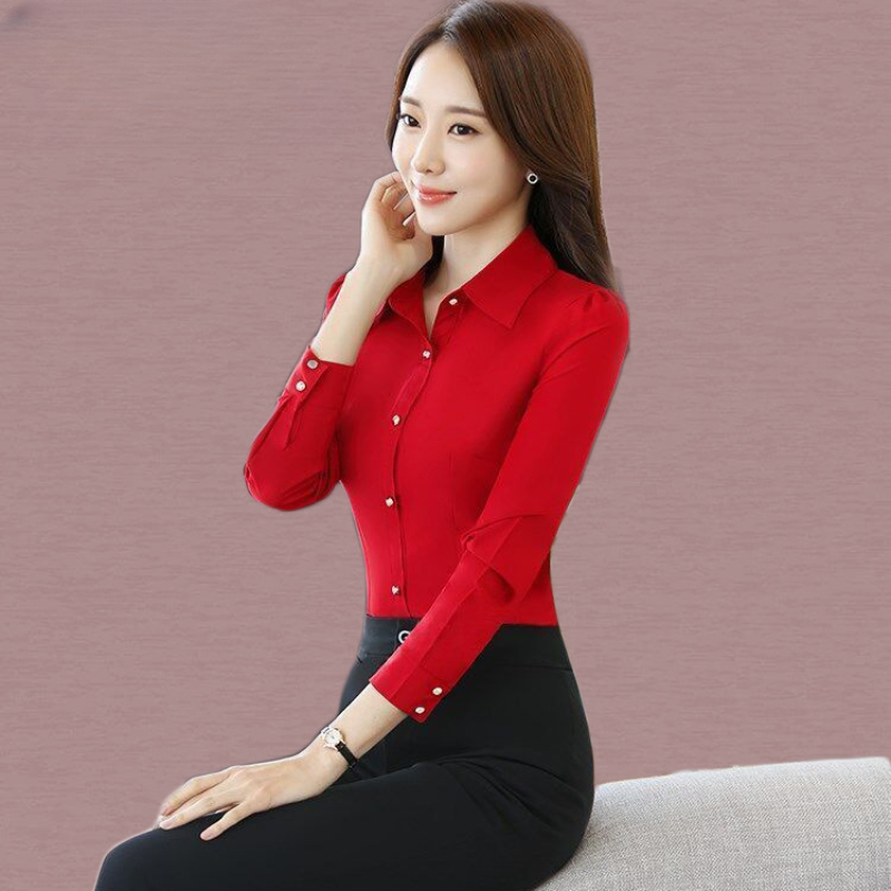 Rote Damen-Hemd-Langarmbluse, Herbst-Damenhemden und Blusen, koreanische Mode, schlankes Business-Hemd, Damen-Arbeitshemd