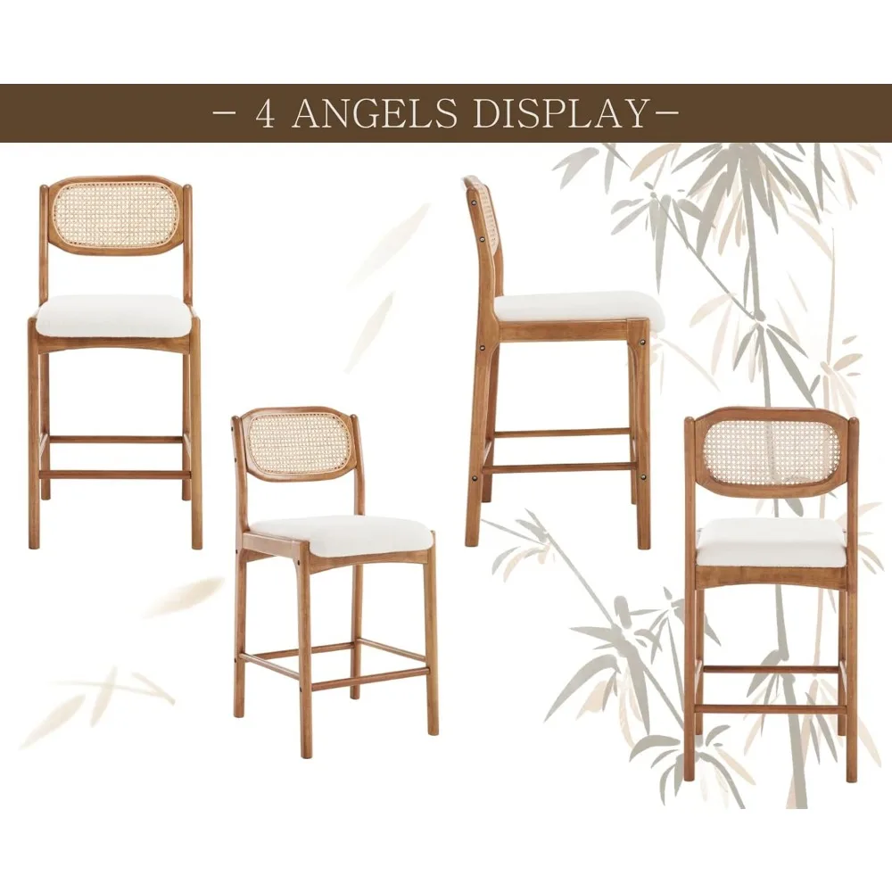 Rattan Bar Stools Set of 2 Upholstered Boucle Counter Stools Mid Century Modern Bar Chairs Wood Cane Back Kitchen Chairs Farmhou