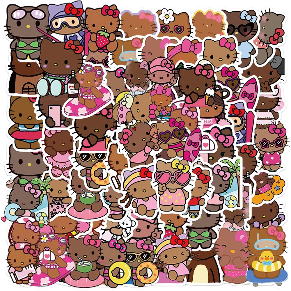 66PCS การ์ตูนน่ารักสีดําผิว Hello Kitty สติกเกอร์น่ารัก Graffiti ตกแต่งกระเป๋าเดินทางโน้ตบุ๊คกันน้ํารูปลอกของเล่นเด็ก
