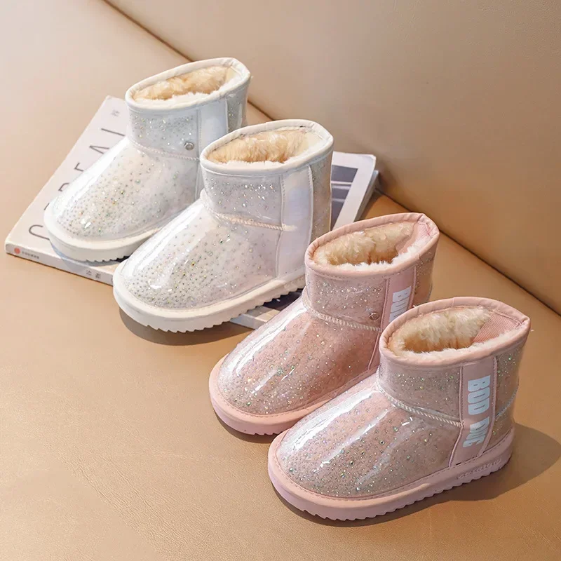 Botas de felpa de algodón cálidas para invierno, botas de nieve antideslizantes con purpurina transparente, zapatillas informales para niña