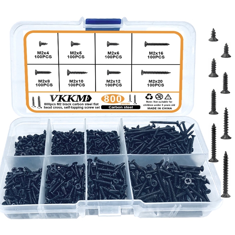 Vis autotaraudeuses croisées noires M2 en acier au carbone, 800 pièces, adaptées à l'amélioration de l'habitat, aux ingénierie de bricolage, aux produits électroniques