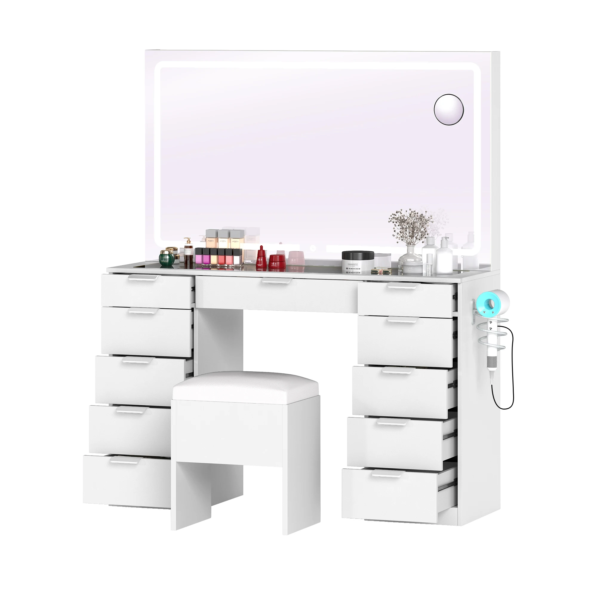 YITAHOME White Vanity Table - LED Light Dressing Desk with 11 Drawers, Glass Top & Mirror, Includes Stool