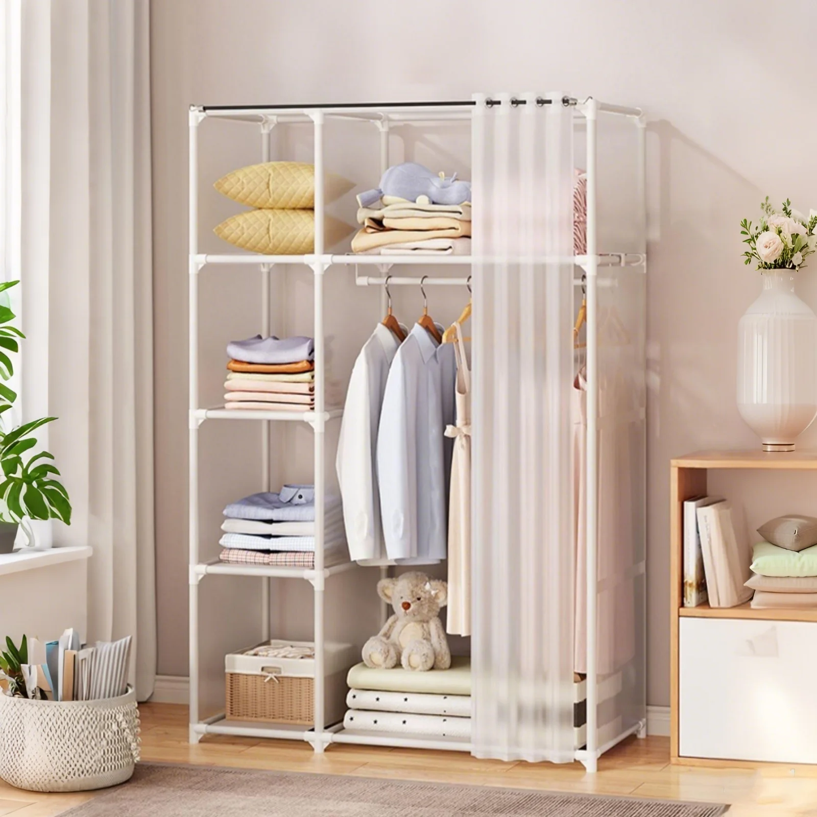 Clothes Wardrobe Closet Dustproof Storage Rack Organizer Container Multi-layers Bedroom Furniture Bookshelf Simple Assembly