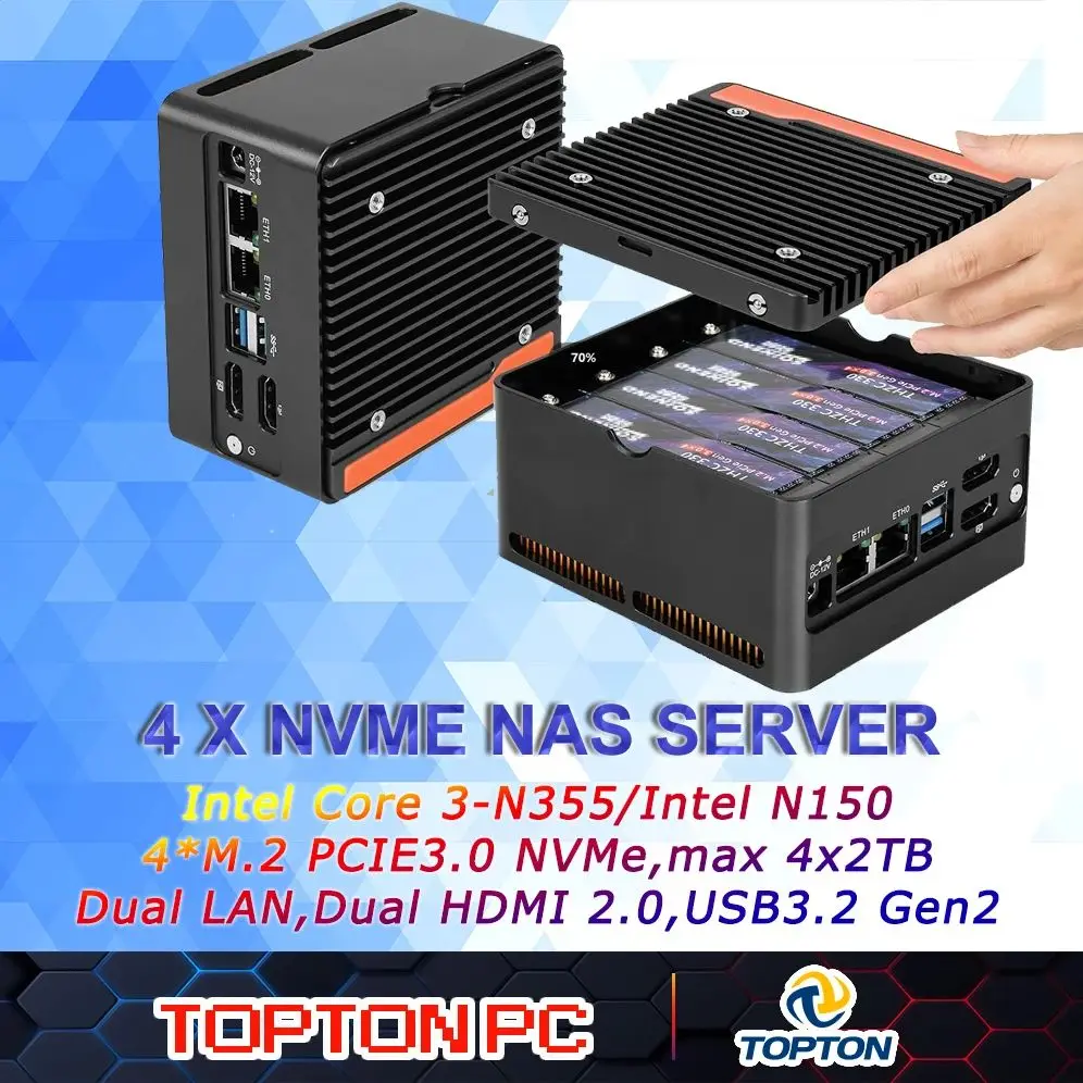Intel Core 3-N355 N150 NAS Mini PC X86 Intel 4M.2 NVMe Slots DDR5 (Up to 48GB), Dual 4K Displays, Dual 10Gbps USB 3.2, Dual Lan