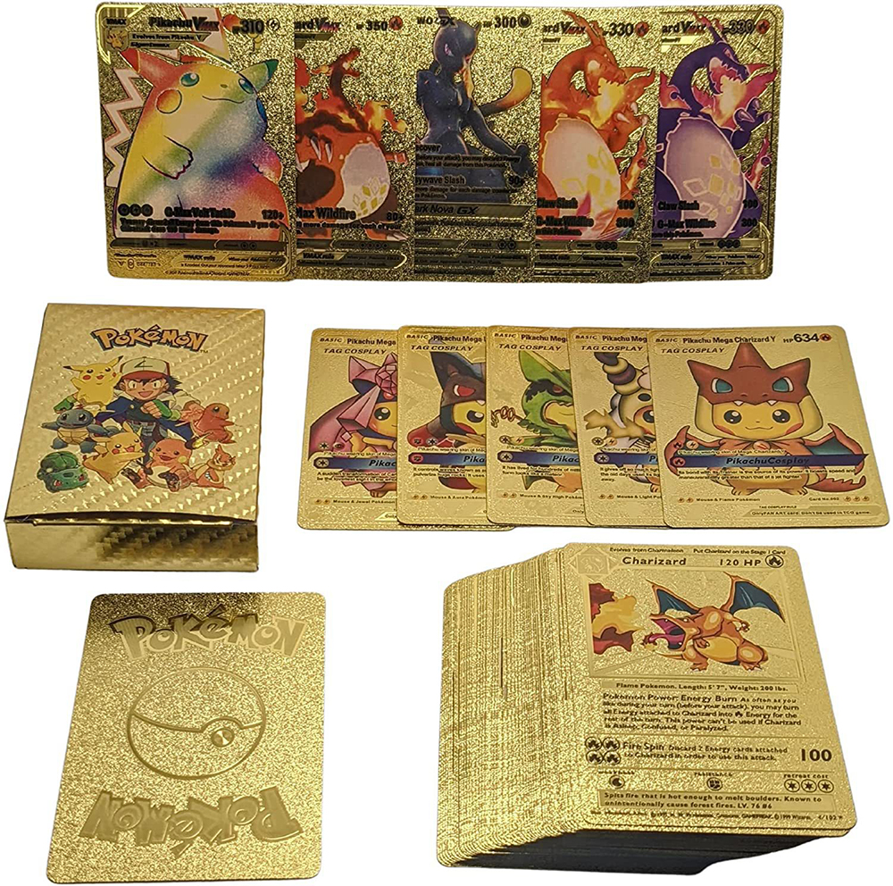Caja de cartas de Pokémon Gold Pikachu, cartas de juego doradas y plateadas en español/inglés/francés, Charizard Vmax Gx, regalo para niño