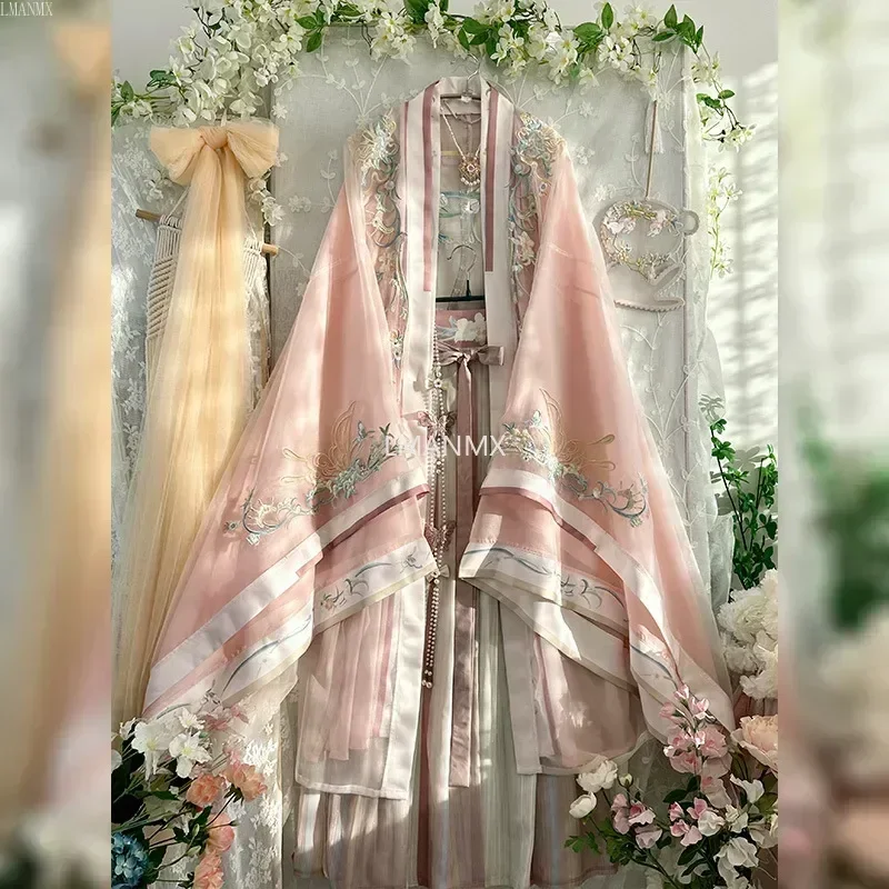 2025 Hanfu 자수와 그라데이션 색상의 세련된 중국 스타일 드레스, 여성을 위한 독창적인 디자인
