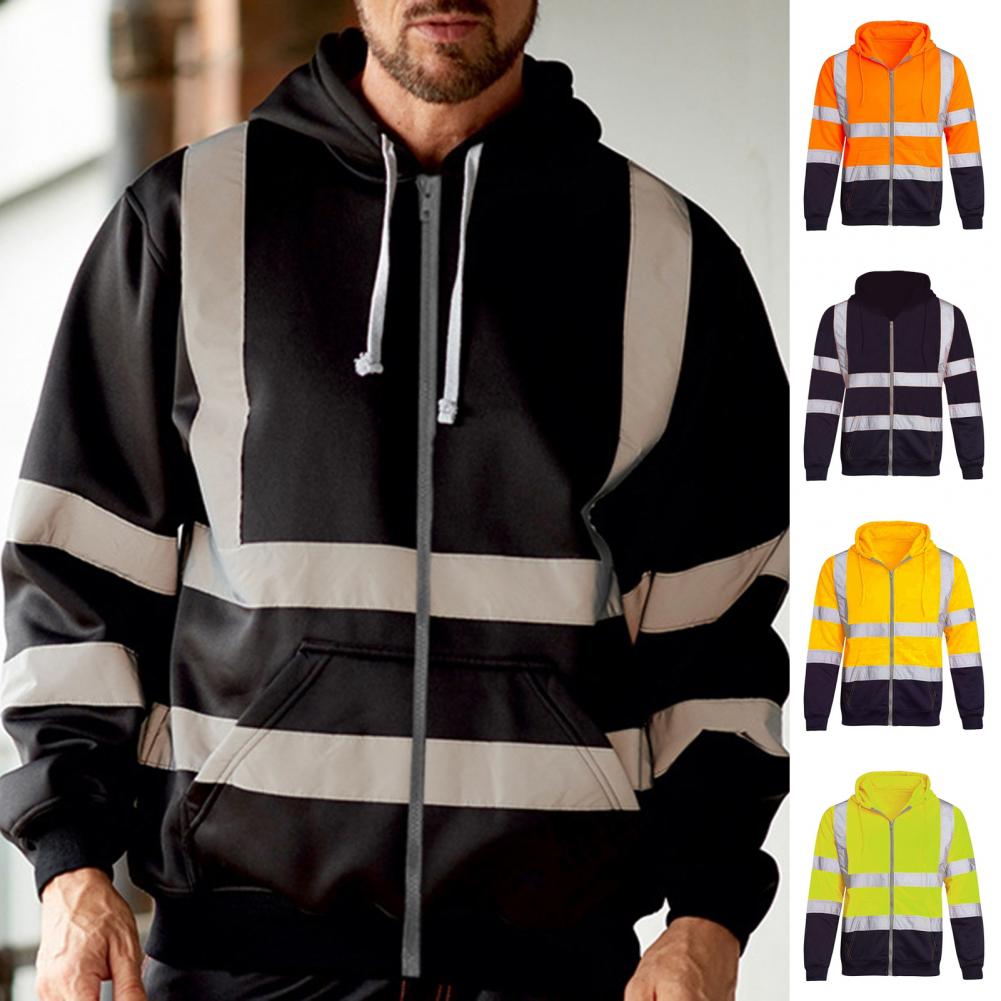 การมองเห็นสูงแถบสะท้อนแสงเสื้อแจ็คเก็ตผู้ชายทํางาน Hoodie Breathable ความปลอดภัย Workwear เสื้อกันหนาวปลอดภัยคําเตือน Drawstring Jacket