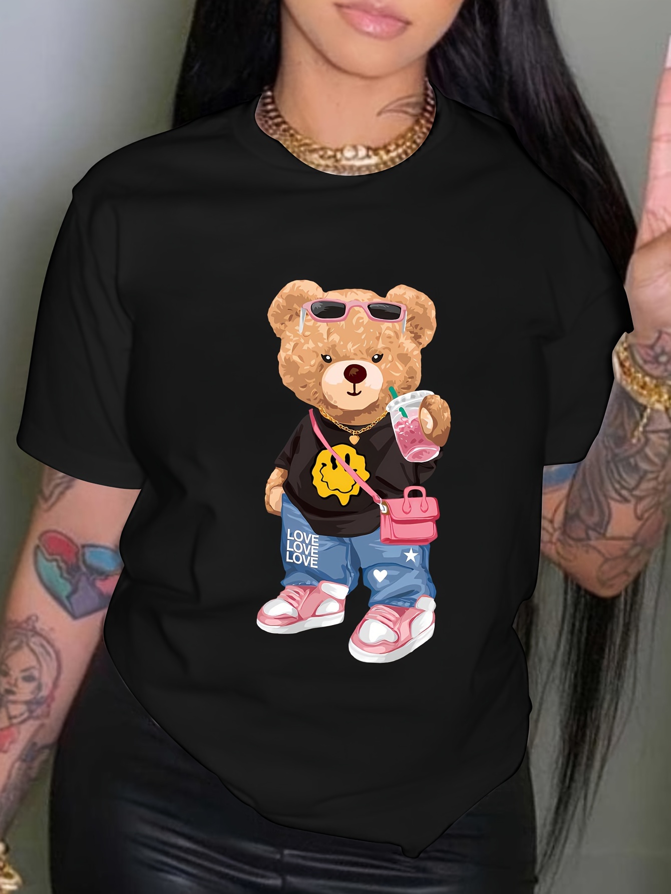 Camiseta con estampado de osito fresco, Top informal de manga corta con cuello redondo para verano y primavera, ropa de mujer