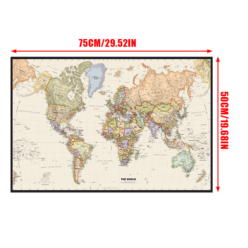 레트로 월드 맵 벽 아트 포스터 및 프린트 부직포 캔버스 페인팅, 사무실 학교 용품, 방 홈 장식, 여행지도, 75x50cm