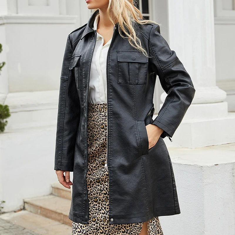Leder bekleidung Damenmode einfarbig Revers Reiß verschluss schlanke Langarm mit Gürtel Kunstleder elegante Büro Straßen jacke