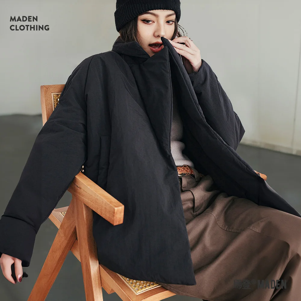 Maden ลําลองคอปกผ้าฝ้ายเบาะเสื้อพร็อพหลวมพอดีแจ็คเก็ตปักเป้าอบอุ่นอเนกประสงค์แจ๊กเก็ตสีดําสําหรับผู้หญิงฤดูหนาว