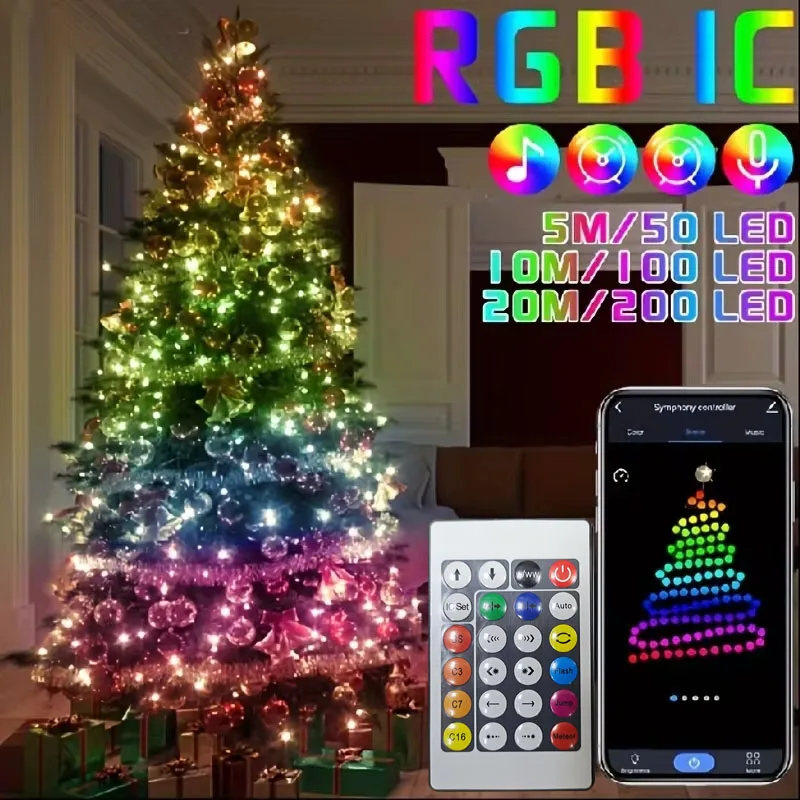 Guirnalda de luces LED WS2812, lámpara navideña inteligente con Bluetooth, direccionable individualmente, Control por aplicación DC5V para decoración de fiesta de guirnalda