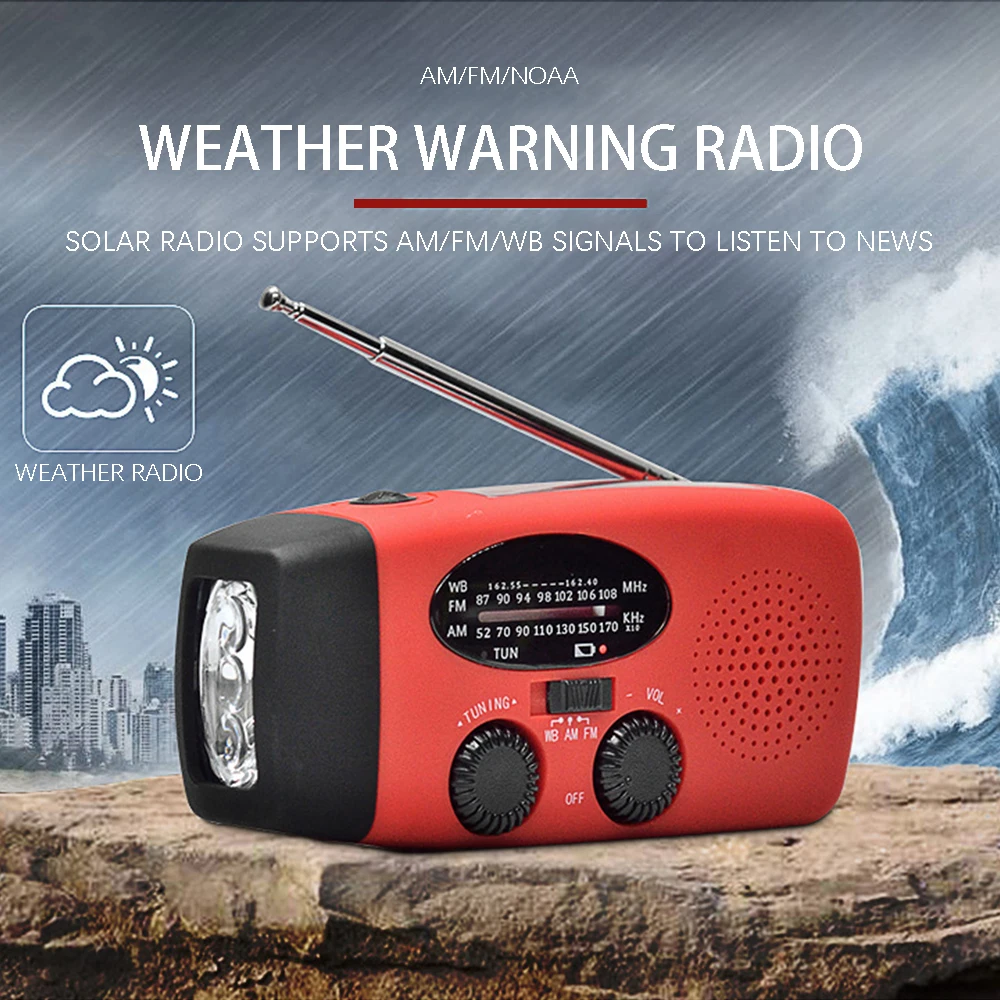 Rádio de emergência de 2000 mAh com luzes LED Rádio USB Luz de carregamento solar Viagem ao ar livre Portátil recarregável Rádio FM/AM