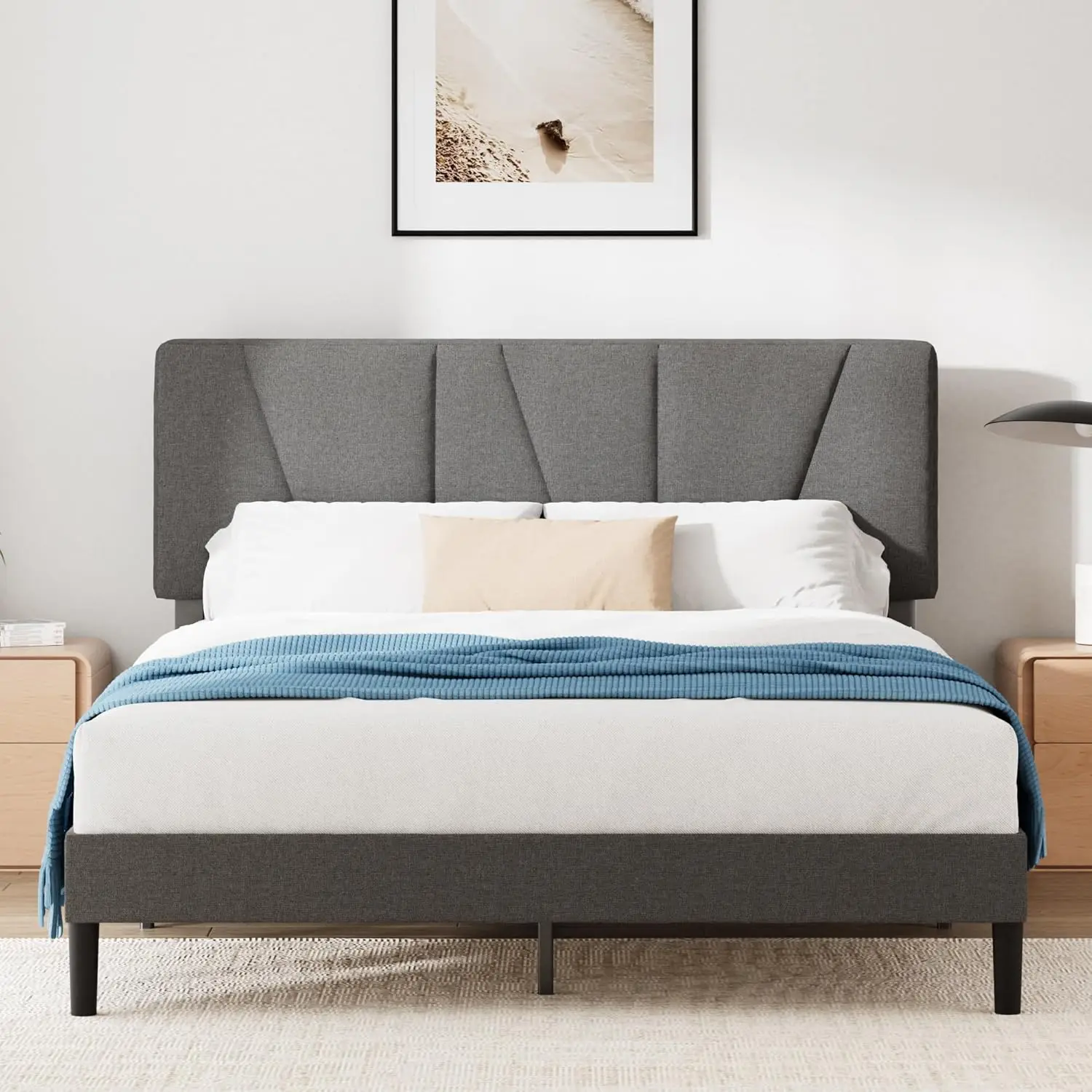 Maya Double Bed Frame  Bed 135 x 190 cm  30cm Height  Upholstered platform bed frame with Headboard  Wooden slat suppo