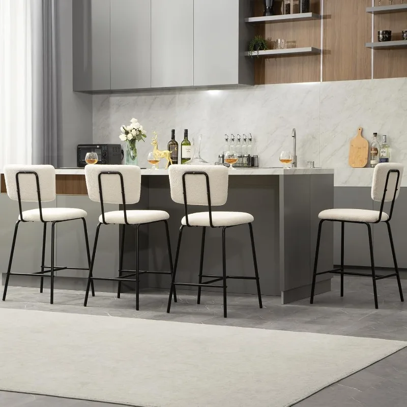 White Counter Stools Set of 2 - Modern Bar Stools Set of 2 with Backs, Counter Height Bar Stools, Upholstered Counter Chair