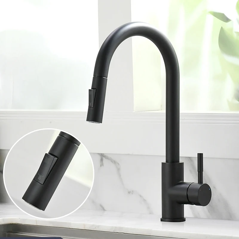 Robinet d'évier de cuisine 304 extractible noir, robinet mitigeur d'eau chaude et froide à double fonction, installation sur comptoir