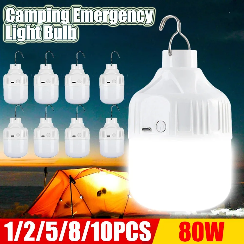 1-10 Uds. Bombillas LED recargables por USB para exteriores, luz de emergencia de alto brillo, gancho para acampar, linterna portátil, luces nocturnas ﻿