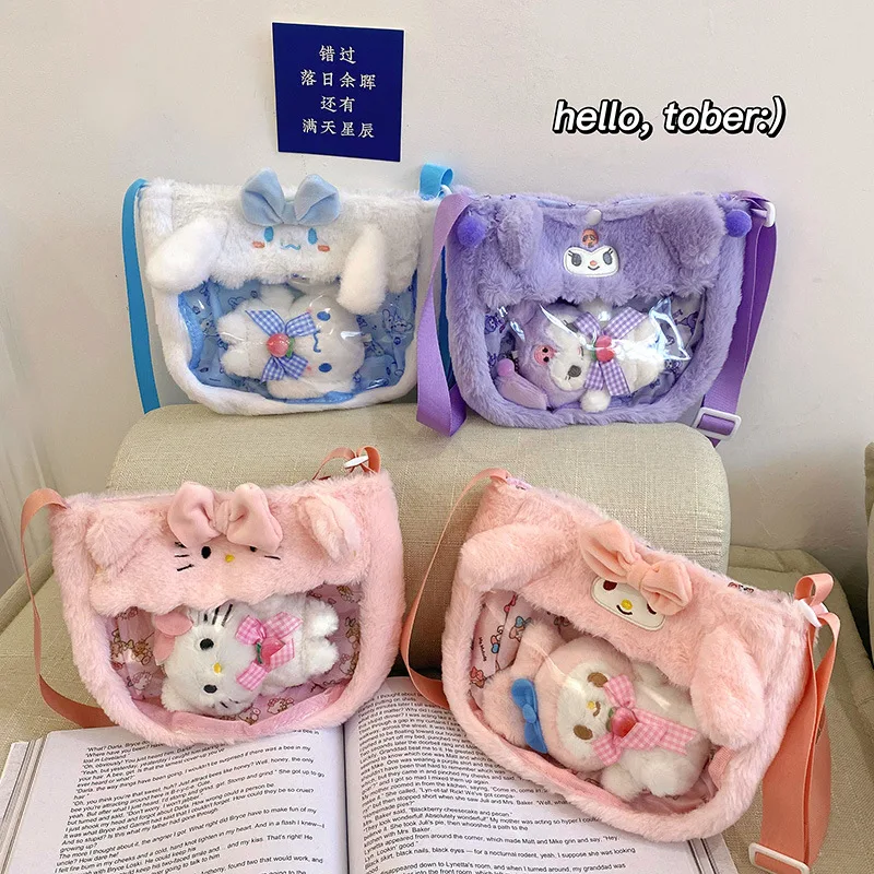 Kawaii Kinder Cartoon Pluche Cinnamoroll Melody Kuromi Hello Kitty Schoudertas Transparante Schattige Pop Hanger Crossbody Tas