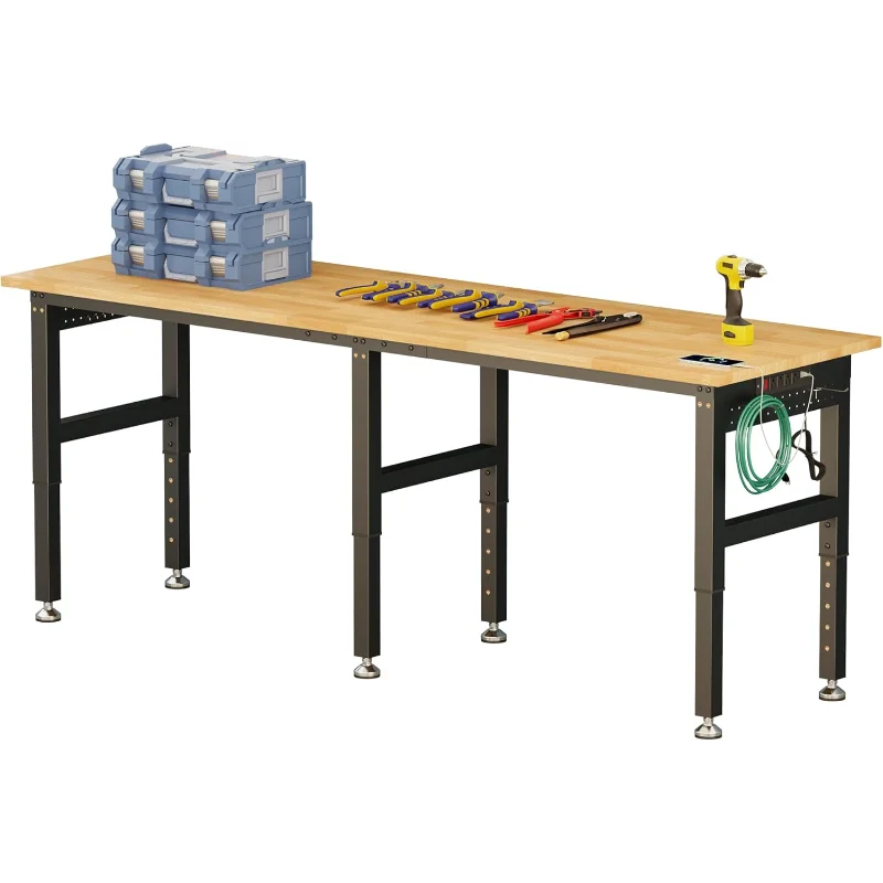 84“ Adjustable Heavy Duty Workbench with 4 AC Outlet and 2 USB Ports Power Outlets, 5000 Lbs Capacity, Rubber Wood Top