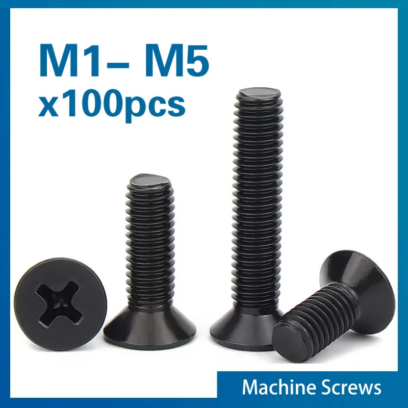 100 unids/lote M1 M1.2 M1.4 M1.6 M1.7 M2 M2.5 M3 M3.5 M4 M5 KM Mini pequeño tornillo de cabeza avellanada plana de acero negro KM Phillips