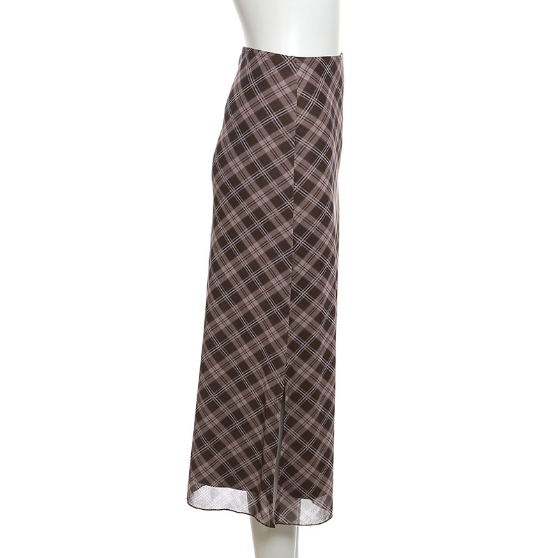 Vrouwen Lente Herfst Plaid Print Wrap Heupen Rokken Mode Enkellange Sexy Slanke Kokerrokken Preppy Stijl Meisjes Slit midirok