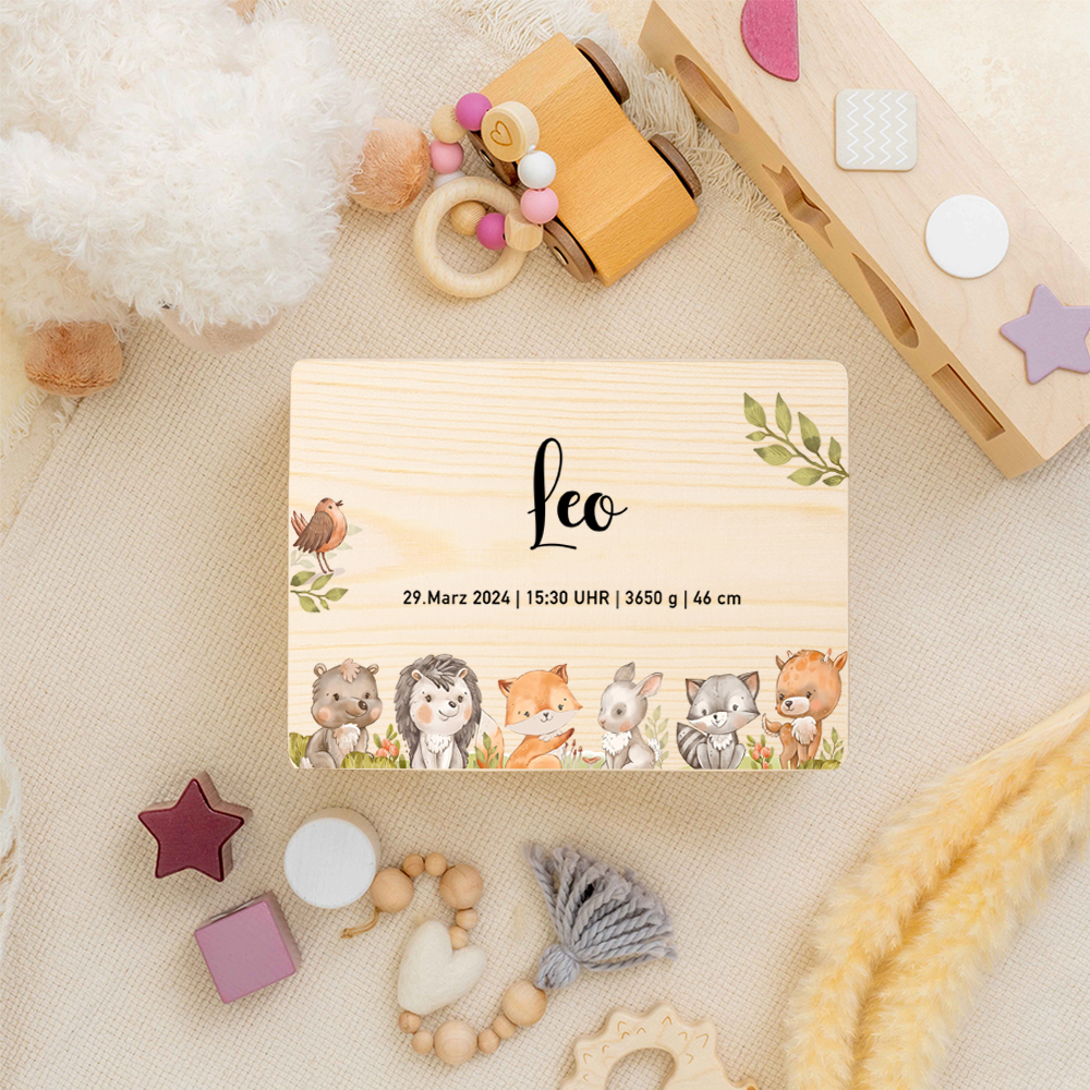 Personalisierte süße Waldtier-Aufbewahrungsbox, eine Gedenkbox mit Namen und Geburtsdatum, Erinnerungsbox aus Holz, Baby-Geburtsgeschenk