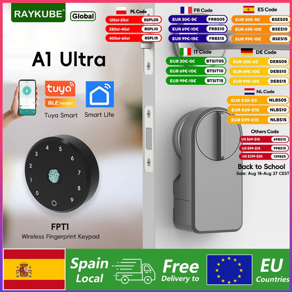 Cerradura electrónica inteligente RAYKUBE A1 Untra Tuya BLE con cerradura de teclado de huella digital FPT1 instalación sin perforaciones desde España