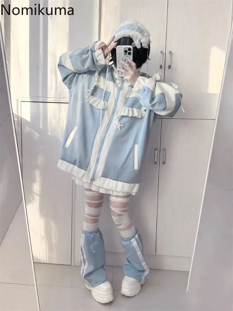 ญี่ปุ่นสําหรับผู้หญิงPatchworkแขนยาวขนาดใหญ่Outwear Y2k Tops Preppyสไตล์สบายๆแฟชั่นRuffles Lolita Y2kแจ็คเก็ต