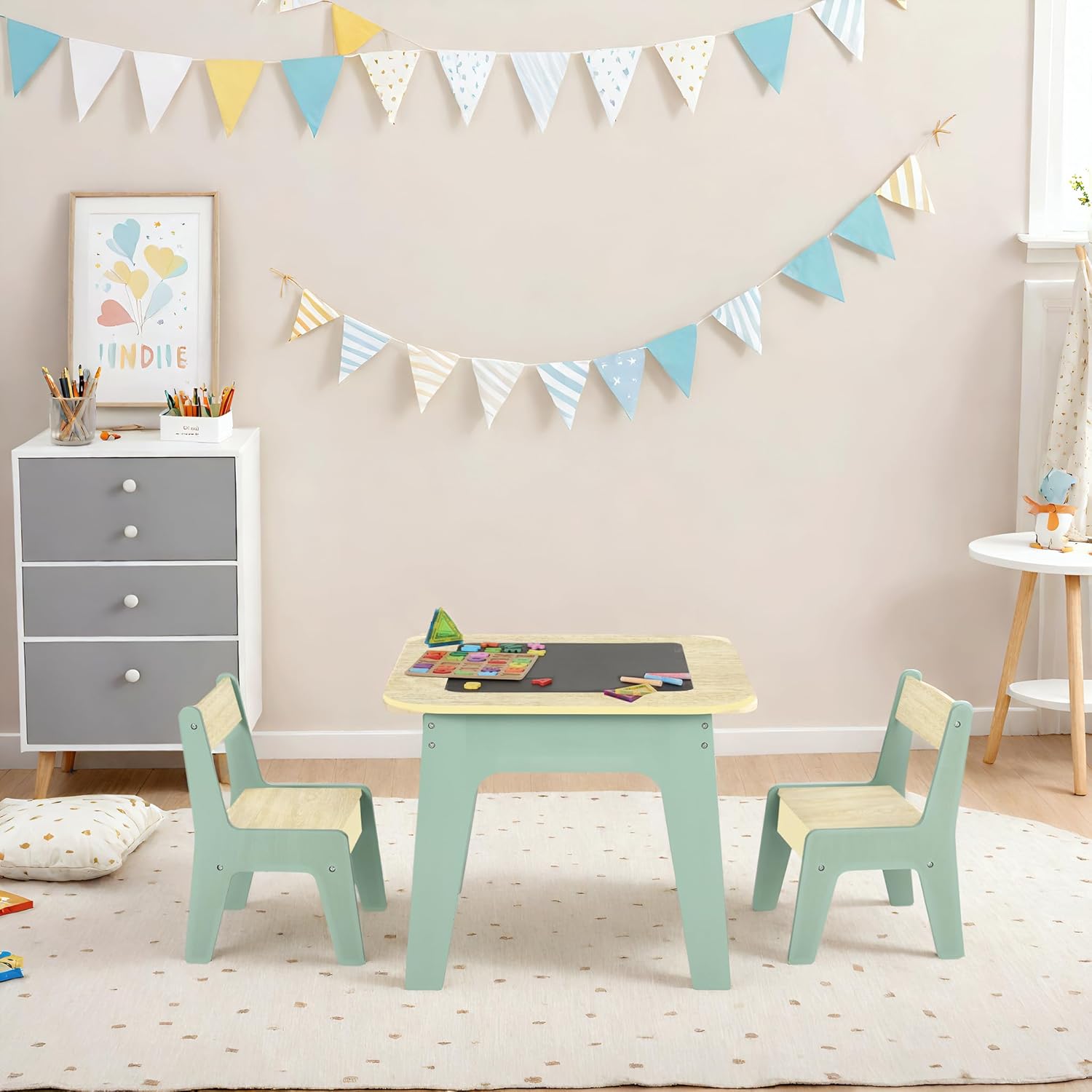 Table d'activité pour enfants et 2 chaises avec rangement, plateau de bloc de construction en bois 2 en 1 pour arts, artisanat, lecture, préscolaire