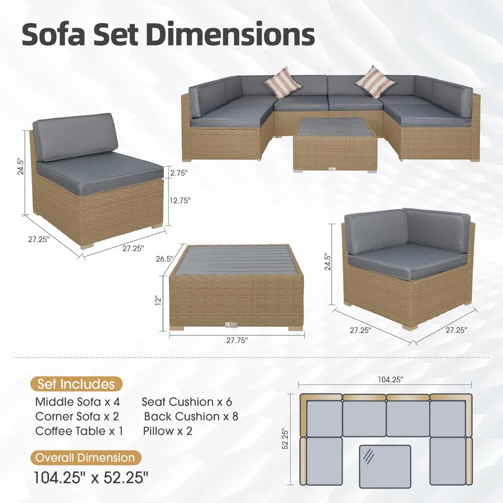 7 Piece Outdoor Patio Furniture Set with Cushions, PE Rattan Wicker Modular Patio Sofa Set with Coffee Table, and Two Pillows