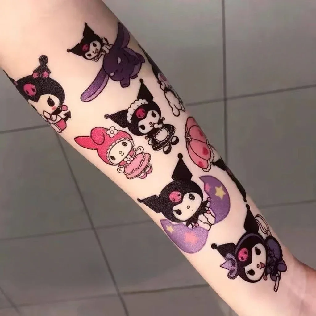 Sanrio personagens de desenhos animados kuromi olá kitty crianças tatuagens temporárias bonito à prova dwaterproof água e durável cor tatuagem adesivo presentes