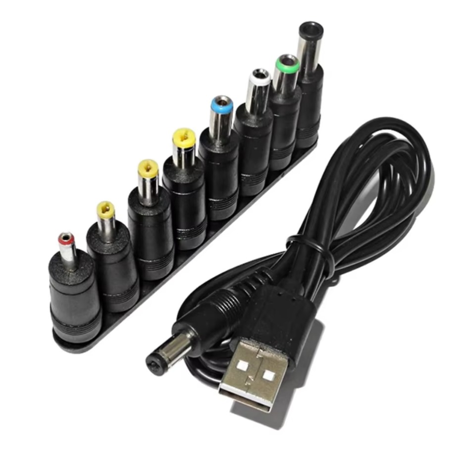 ​Universal Power Cable USB to DC 5.5 * 2.1mm Jack 5V Charging Cord with 8 Selectable Connector Tips for CCTV Cameras TV Box